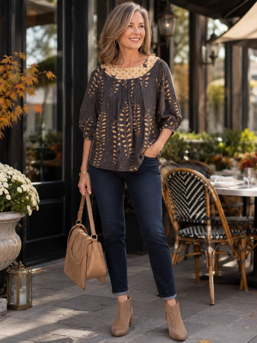 Ethos Paris Organic Cotton Boho Fall Print Tunic Top Size M Brown Mustard